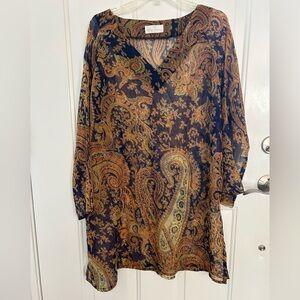 Soft Surroundings Sheer Navy and Gold Paisley Tunic Blouse Size 1X
